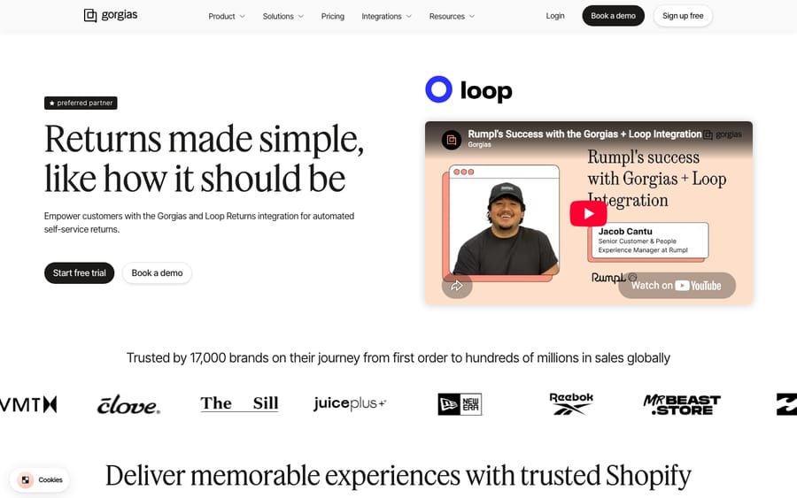 Loop Returns' integration page on the Gorgias App Store, captured October 29, 2026