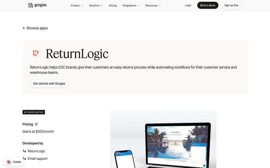 ReturnLogic's listing on the Gorgias App Store, captured October 29, 2026