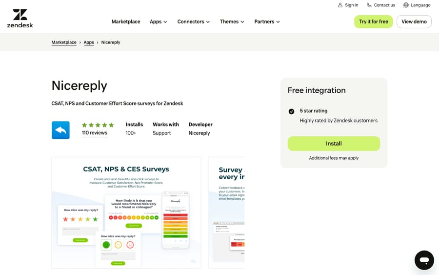 Nicereply's listing on the Zendesk Marketplace, captured October 29, 2026