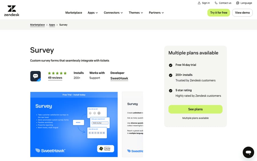 Survey's listing on the Zendesk Marketplace, captured October 29, 2026