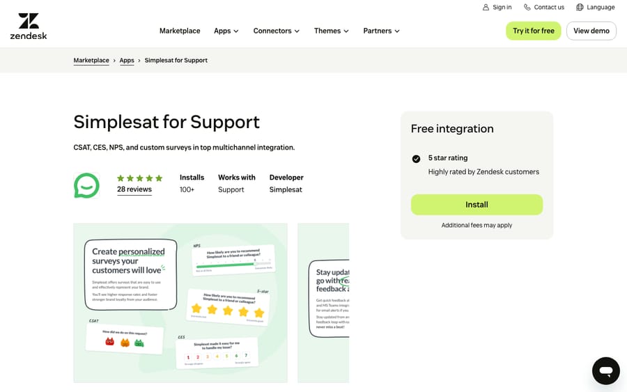 Simplesat for Support's listing on the Zendesk Marketplace, captured October 29, 2026