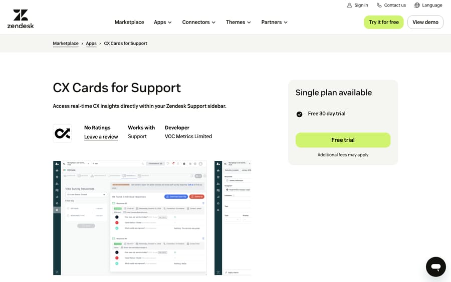 CX Cards for Support's listing on the Zendesk Marketplace, captured October 29, 2026