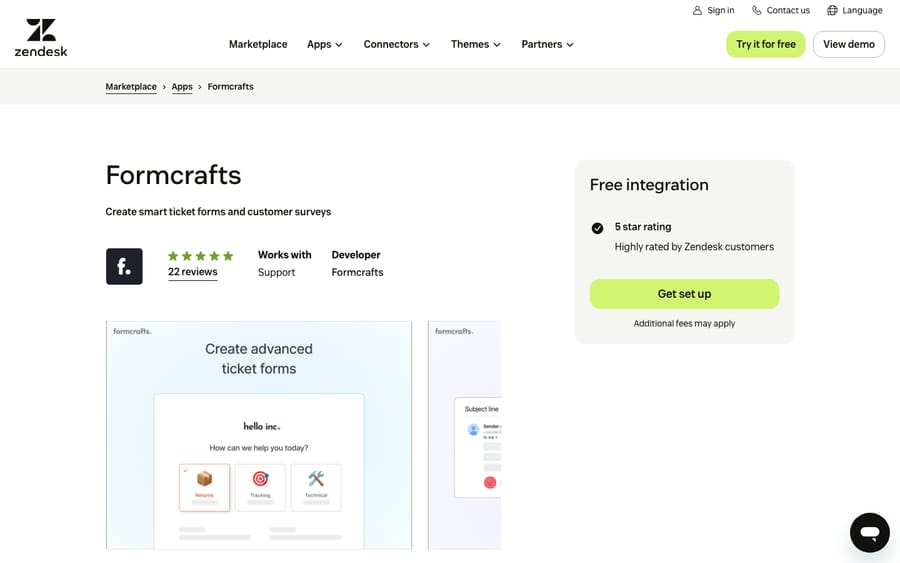 Formcrafts' listing on the Zendesk Marketplace, captured October 29, 2026