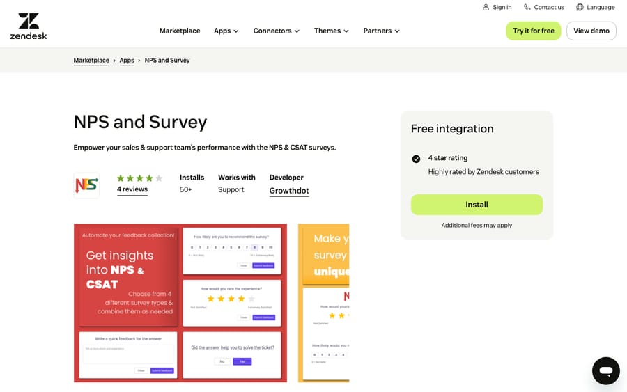 NPS and Survey's listing on the Zendesk Marketplace, captured October 29, 2026