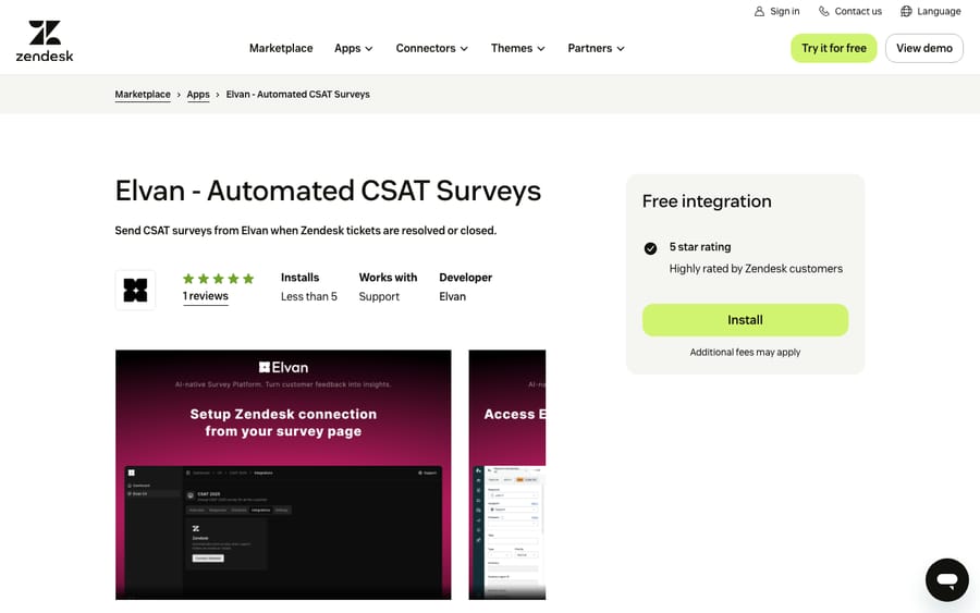 Elvan - Automated CSAT Surveys' listing on the Zendesk Marketplace, captured October 29, 2026