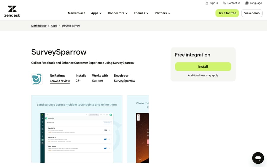 SurveySparrow's listing on the Zendesk Marketplace, captured October 29, 2026