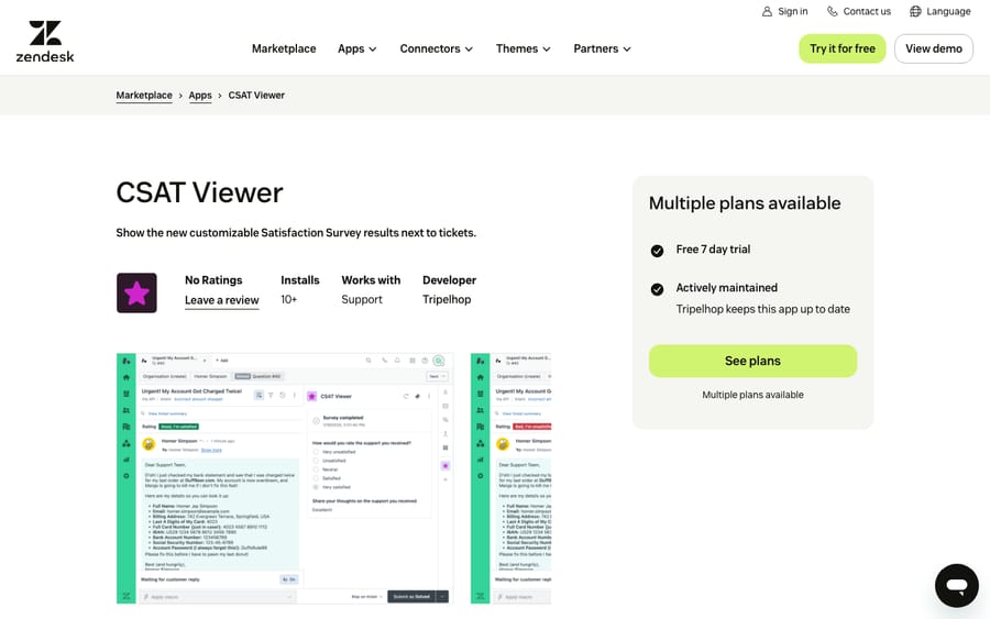 CSAT Viewer's listing on the Zendesk Marketplace, captured October 29, 2026