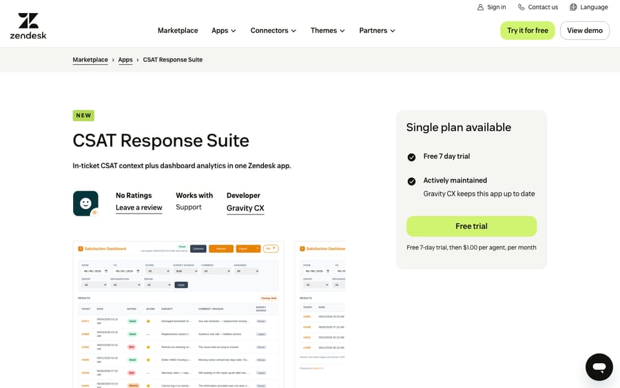 CSAT Response Suite's listing on the Zendesk Marketplace, captured October 29, 2026