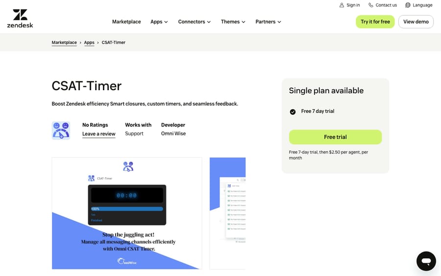 CSAT-Timer's listing on the Zendesk Marketplace, captured October 29, 2026