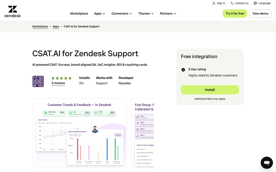 CSAT.AI for Zendesk Support's listing on the Zendesk Marketplace, captured October 29, 2026