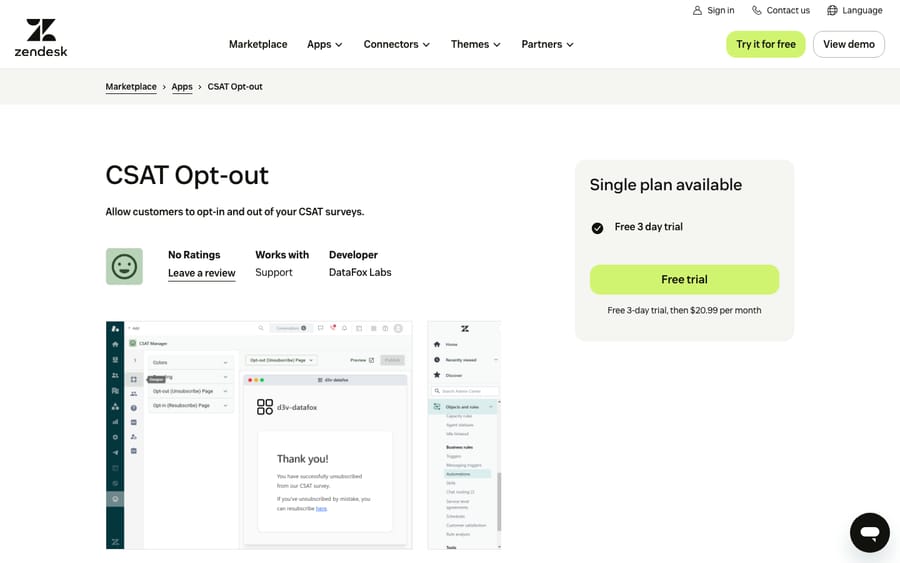 CSAT Opt-out's listing on the Zendesk Marketplace, captured October 29, 2026