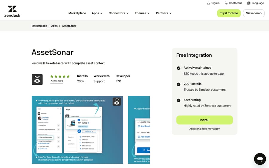 AssetSonar's listing on the Zendesk Marketplace, captured October 29, 2026