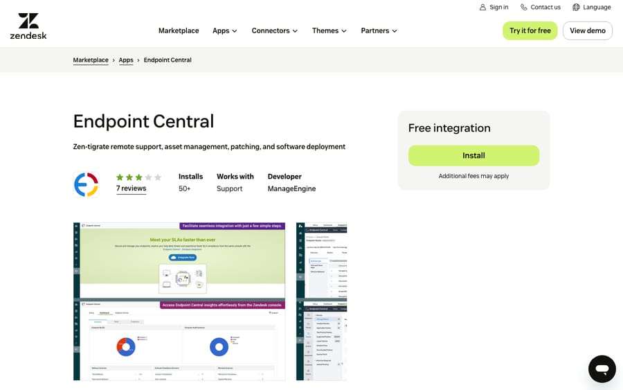 Endpoint Central's listing on the Zendesk Marketplace, captured October 29, 2026