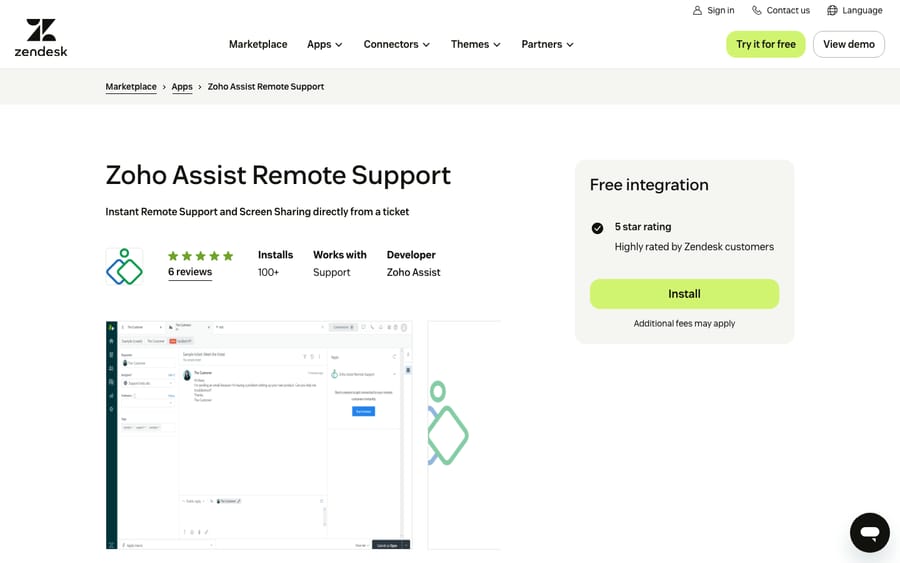 Zoho Assist Remote Support's listing on the Zendesk Marketplace, captured October 29, 2026