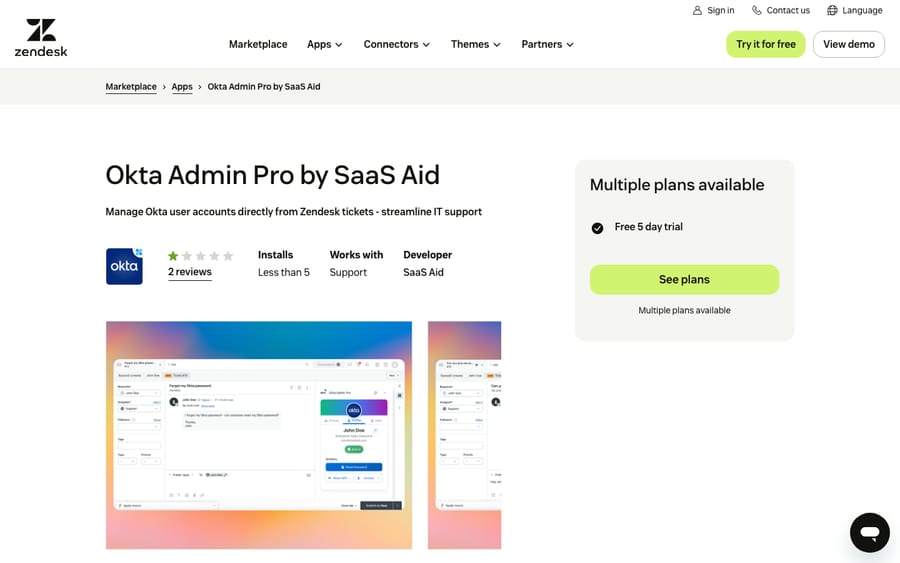 Okta Admin Pro's listing on the Zendesk Marketplace, captured October 29, 2026