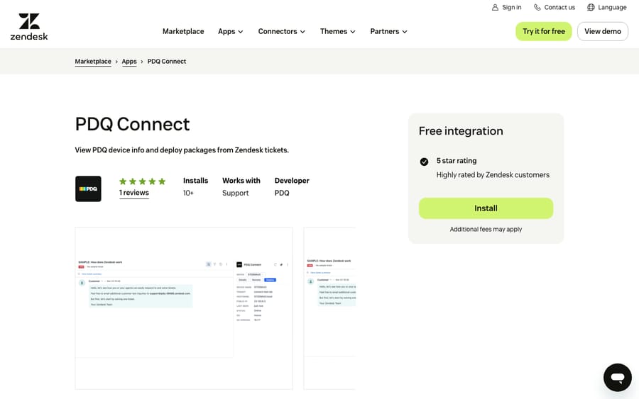 PDQ Connect's listing on the Zendesk Marketplace, captured October 29, 2026
