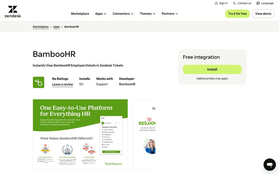 BambooHR's listing on the Zendesk Marketplace, captured October 29, 2026