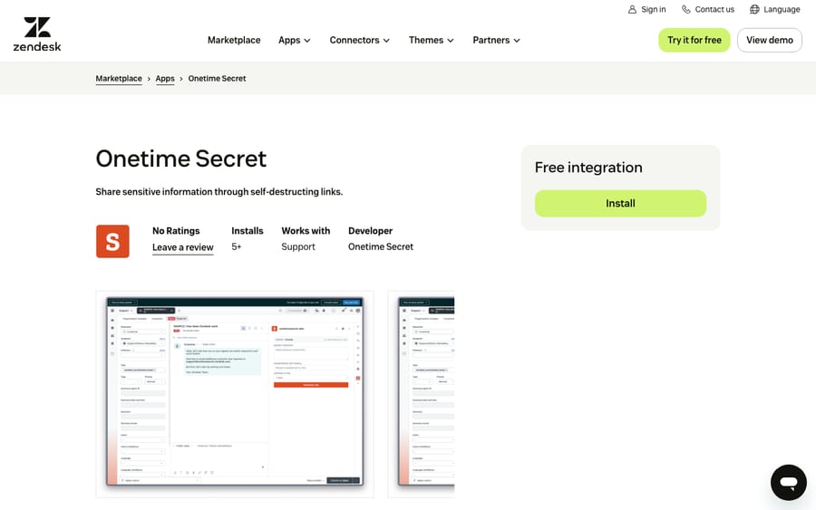 Onetime Secret's listing on the Zendesk Marketplace, captured October 29, 2026