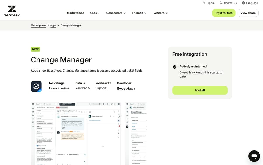 Change Manager's listing on the Zendesk Marketplace, captured October 29, 2026