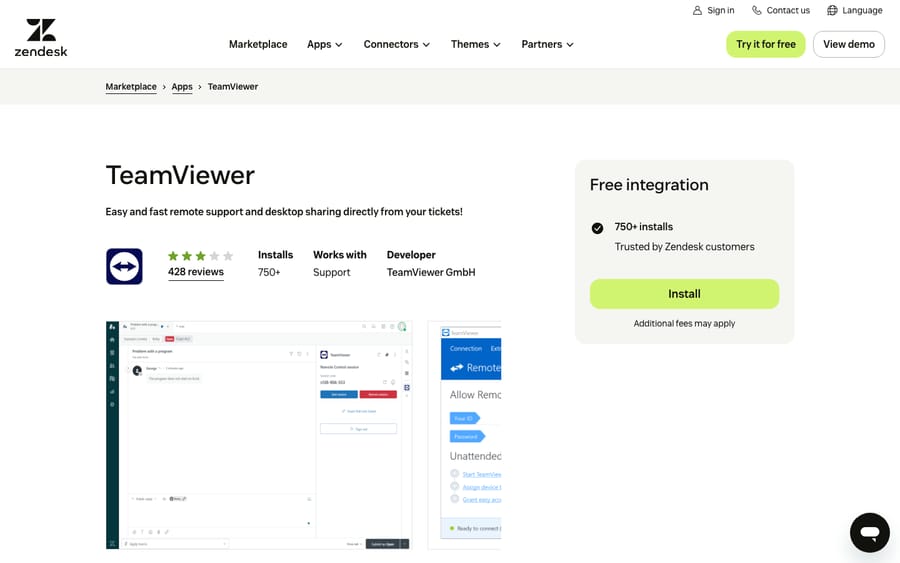 TeamViewer's listing on the Zendesk Marketplace, captured October 29, 2026
