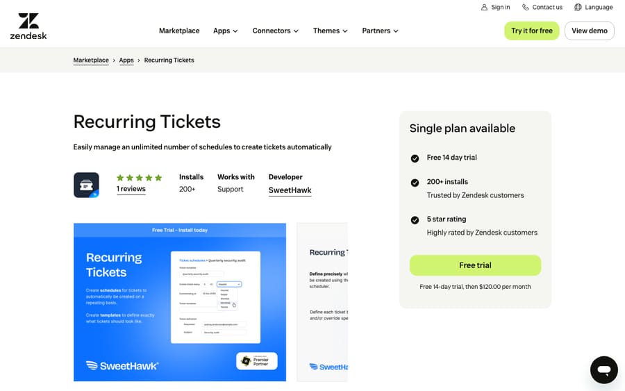 Recurring Tickets' listing on the Zendesk Marketplace, captured October 29, 2026