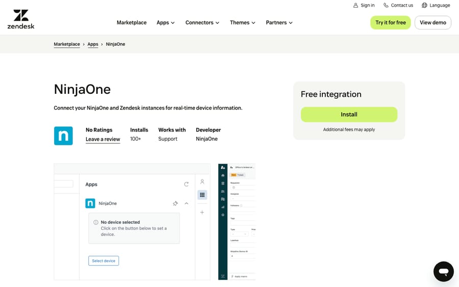 NinjaOne's listing on the Zendesk Marketplace, captured October 29, 2026