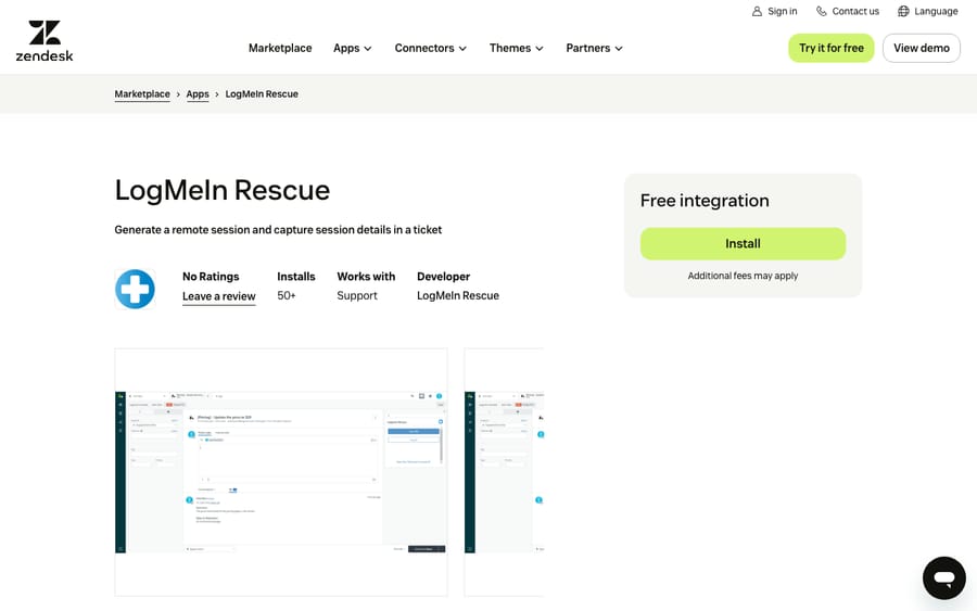 LogMeIn Rescue's listing on the Zendesk Marketplace, captured October 29, 2026