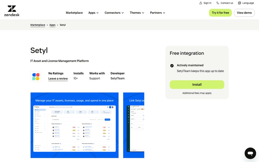 Setyl's listing on the Zendesk Marketplace, captured October 29, 2026