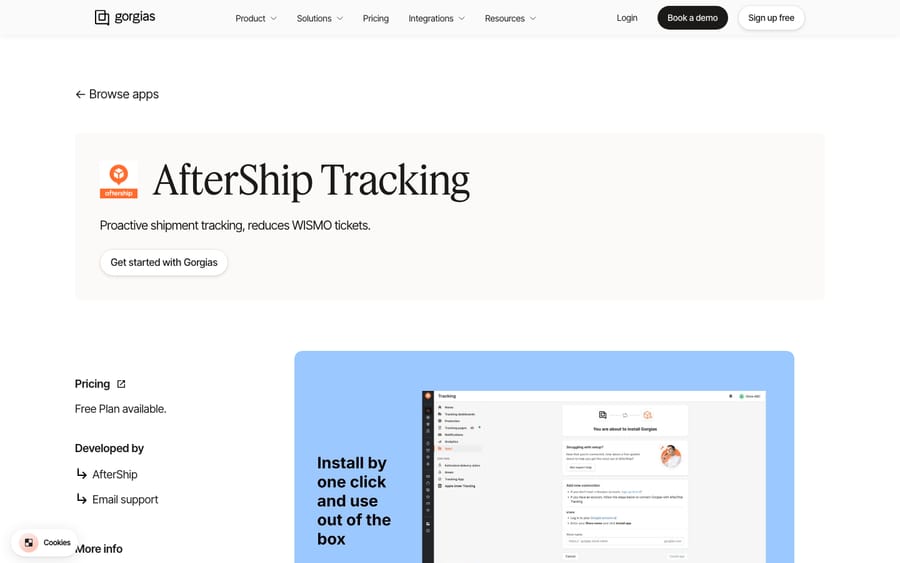 AfterShip Tracking's listing on the Gorgias App Store, captured October 29, 2026
