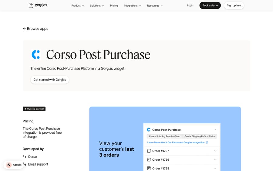 Corso Post Purchase's listing on the Gorgias App Store, captured October 29, 2026