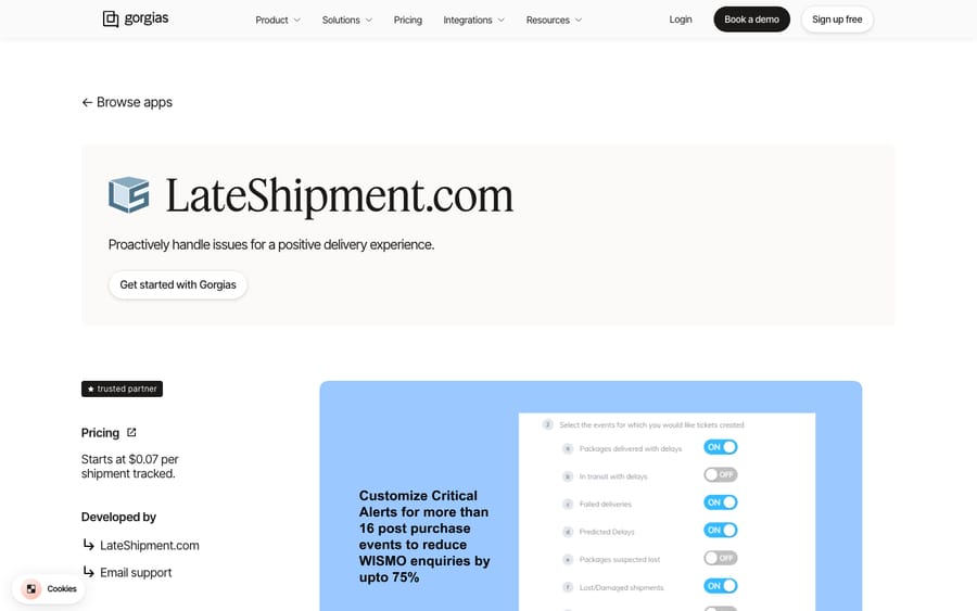 LateShipment.com's listing on the Gorgias App Store, captured October 29, 2026