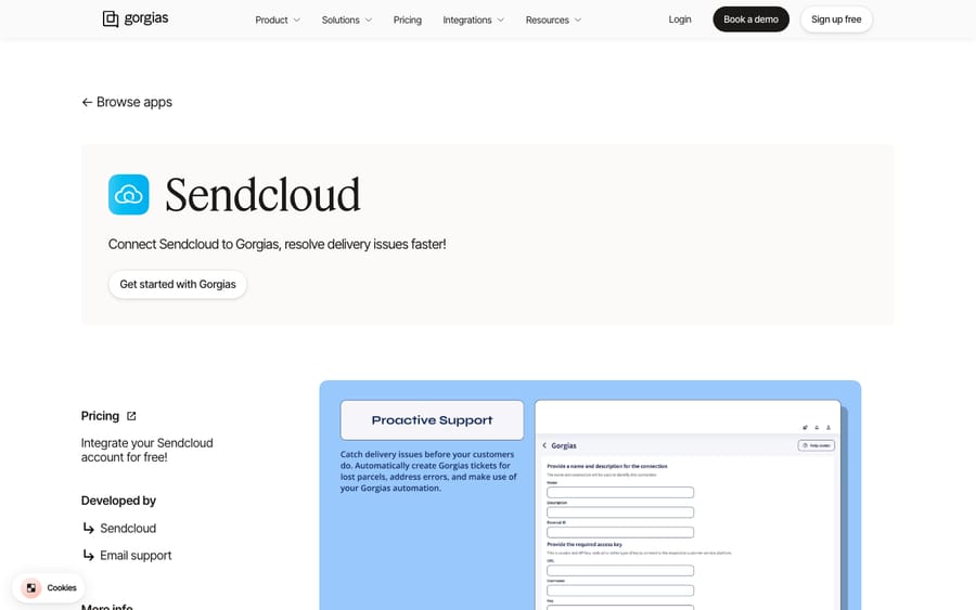 Sendcloud's listing on the Gorgias App Store, captured October 29, 2026
