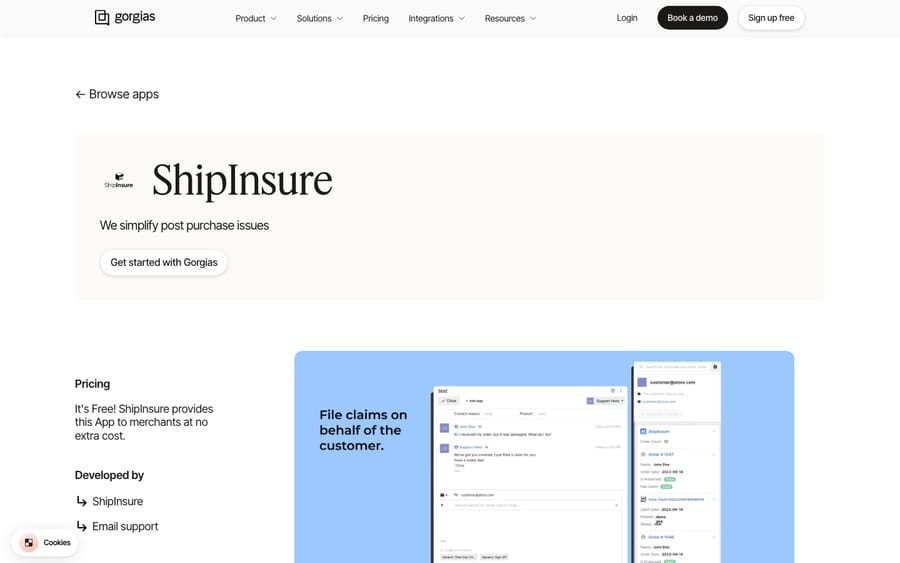 ShipInsure's listing on the Gorgias App Store, captured October 29, 2026