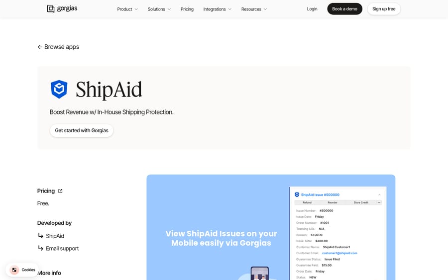 ShipAid's listing on the Gorgias App Store, captured October 29, 2026