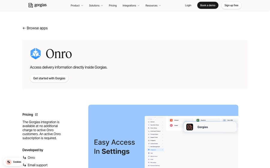 Onro's listing on the Gorgias App Store, captured October 29, 2026