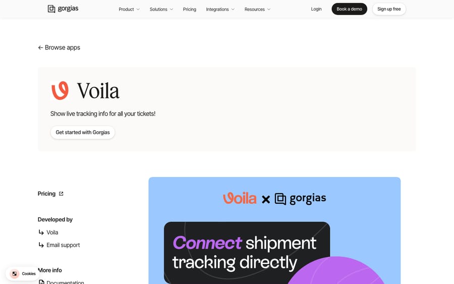 Voila's listing on the Gorgias App Store, captured October 29, 2026