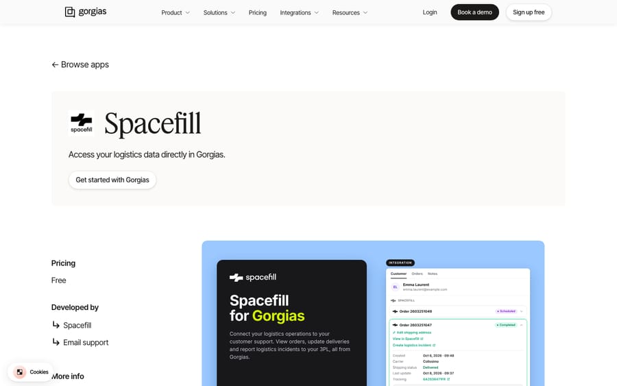 Spacefill's listing on the Gorgias App Store, captured October 29, 2026