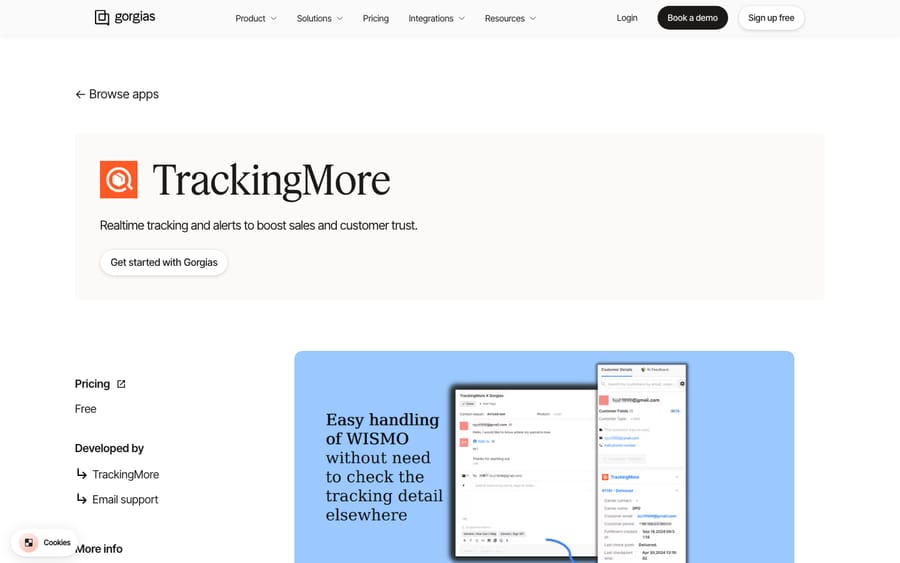 TrackingMore's listing on the Gorgias App Store, captured October 29, 2026