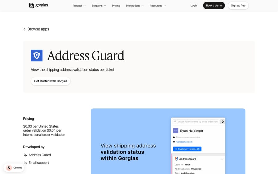 Address Guard's listing on the Gorgias App Store, captured October 29, 2026