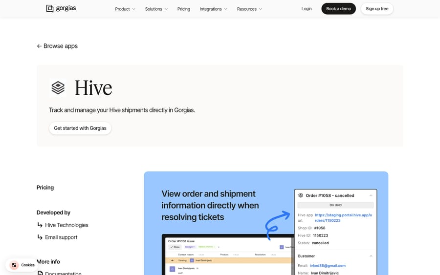 Hive's listing on the Gorgias App Store, captured October 29, 2026