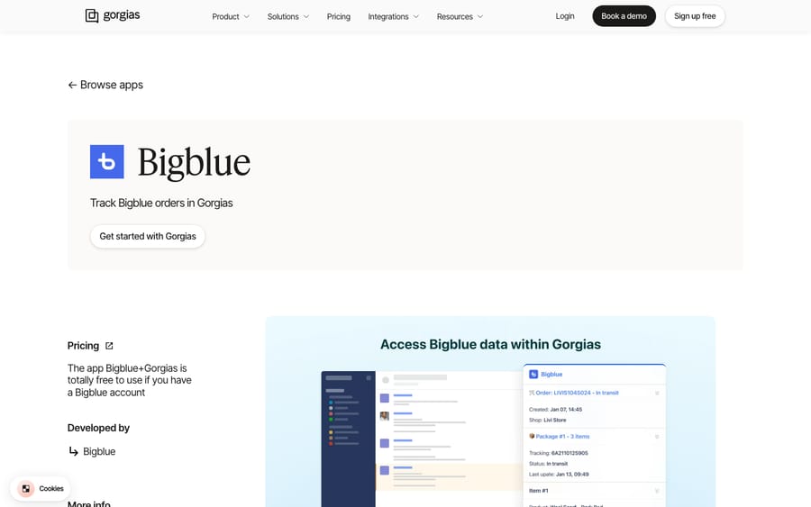 Bigblue's listing on the Gorgias App Store, captured October 29, 2026