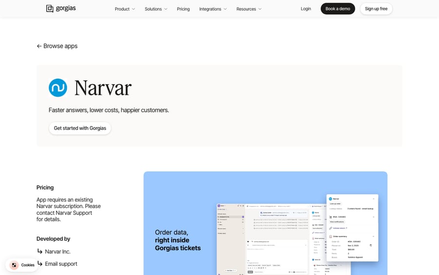 Narvar's listing on the Gorgias App Store, captured October 29, 2026