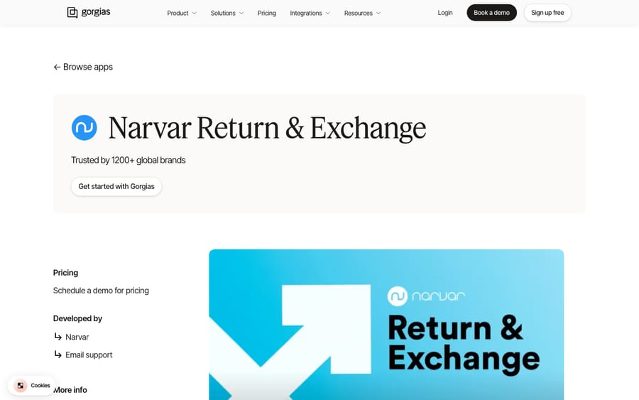 Narvar Return & Exchange's listing on the Gorgias App Store, captured October 29, 2026