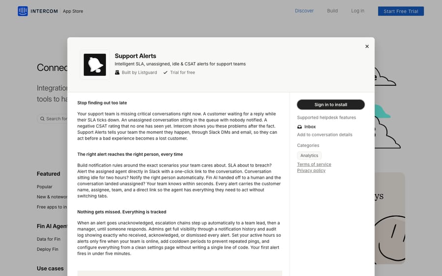 Support Alerts' listing on the Intercom App Store, captured October 29, 2026