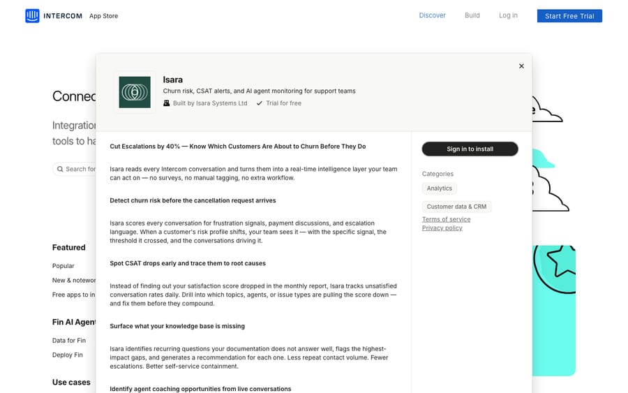 Isara's listing on the Intercom App Store, captured October 29, 2026