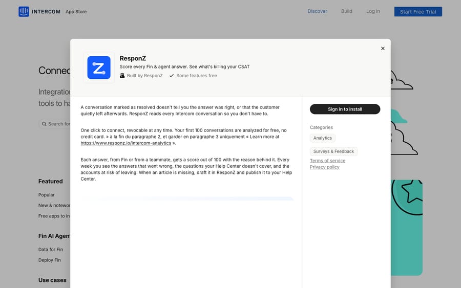 ResponZ's listing on the Intercom App Store, captured October 29, 2026