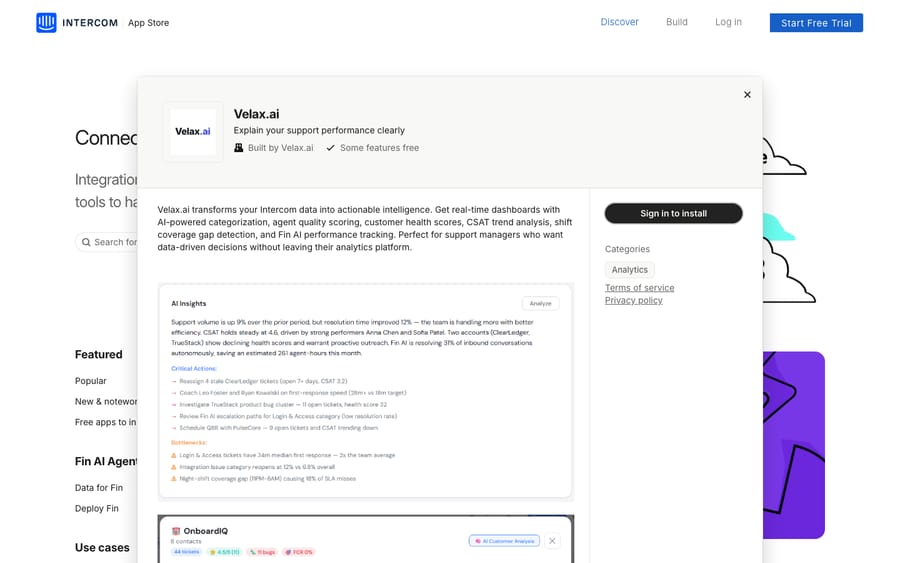 Velax.ai's listing on the Intercom App Store, captured October 29, 2026