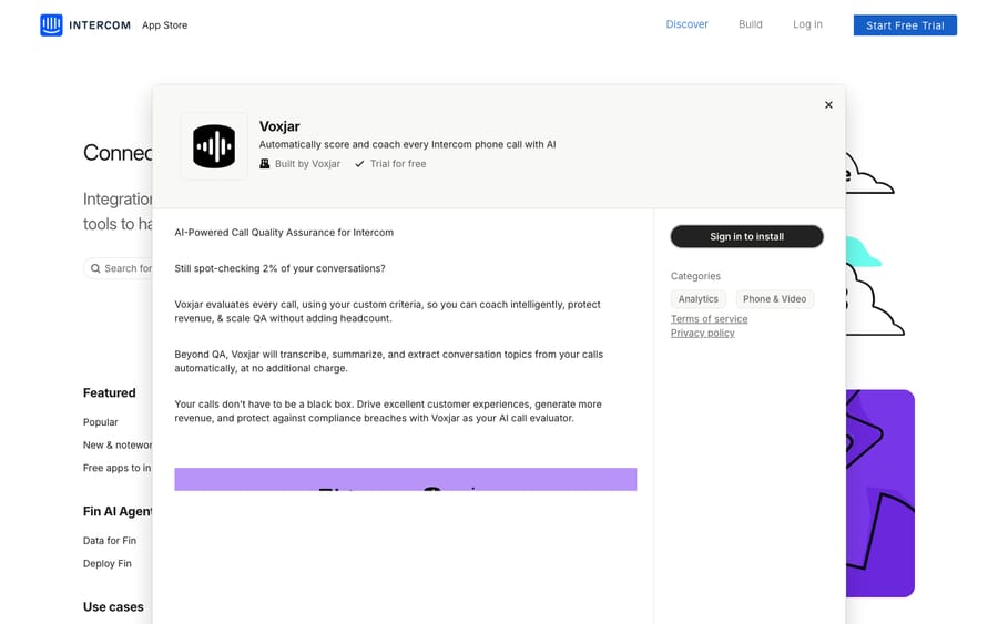 Voxjar's listing on the Intercom App Store, captured October 29, 2026