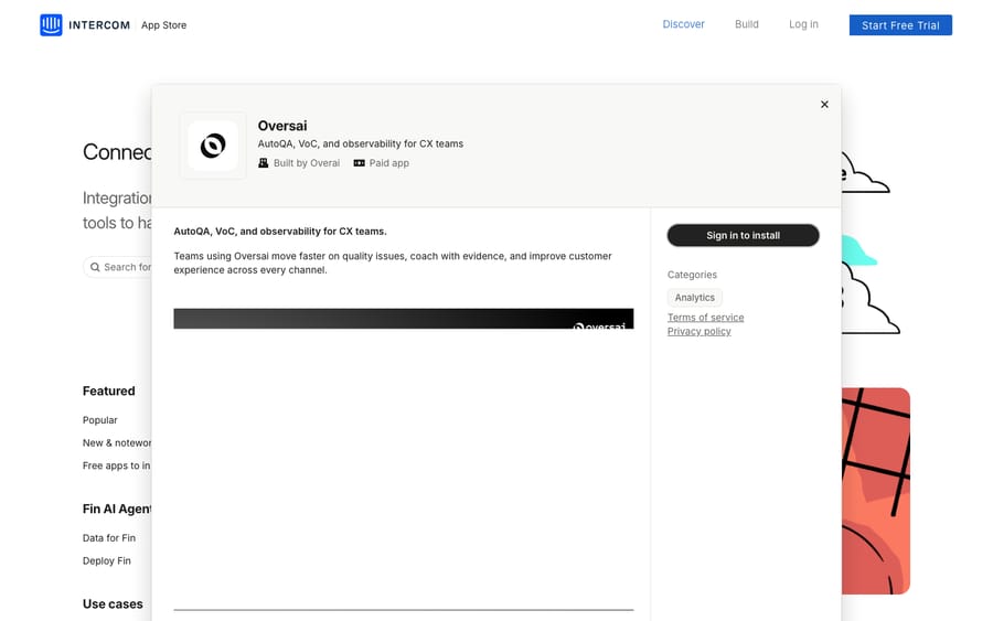 Oversai's listing on the Intercom App Store, captured October 29, 2026