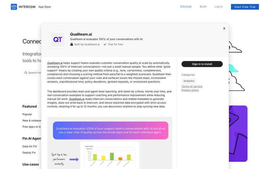 Qualiteam.ai's listing on the Intercom App Store, captured October 29, 2026